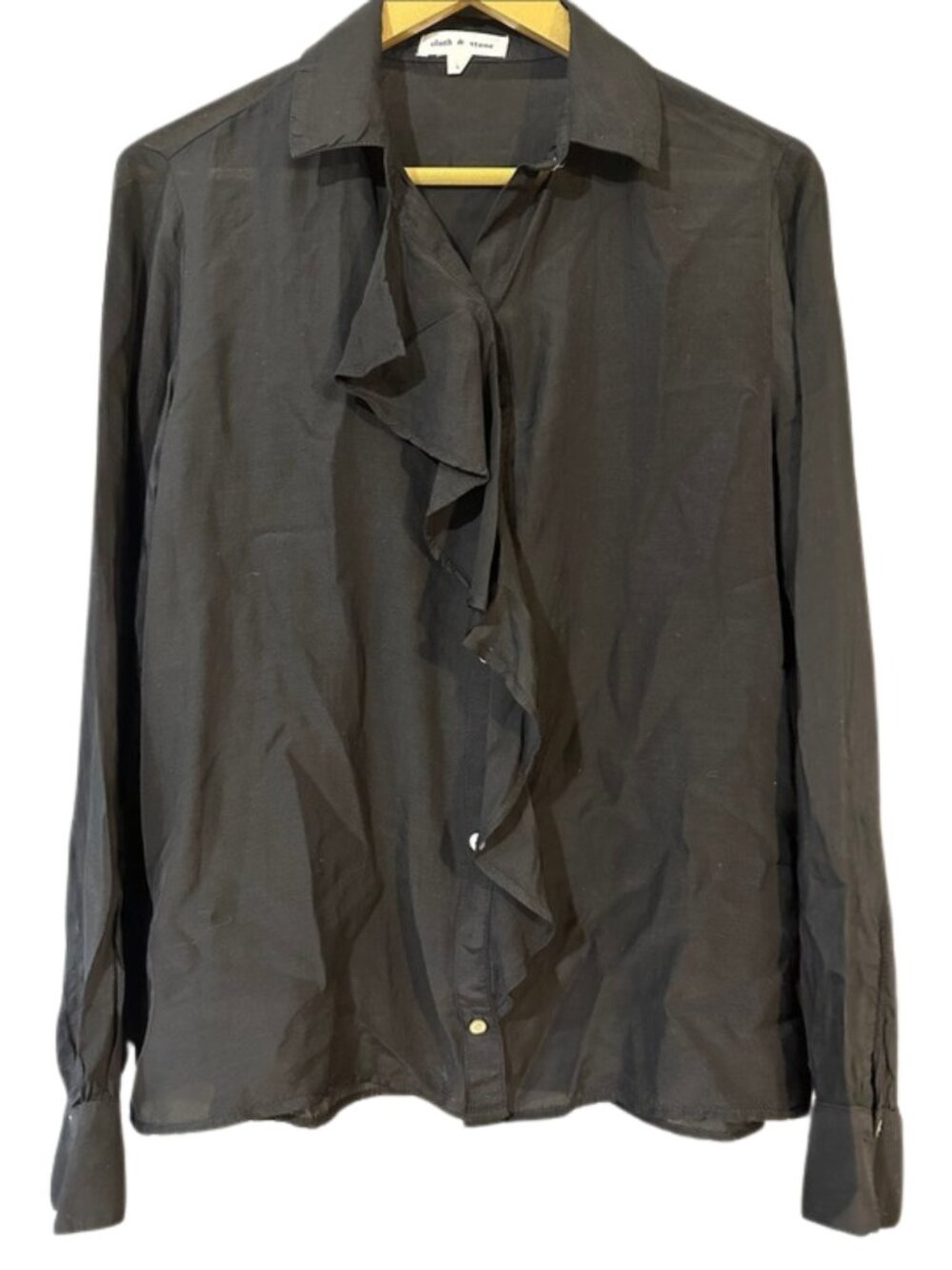 Anthropologie Cloth & Stone Black Ruffle Button Down Shirt Soft Draped Blouse